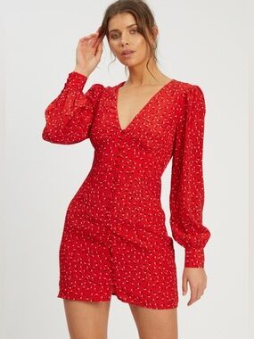 NWT Savel Amelia Red Floral Long Sleeve Mini Dress Euro Summer 6